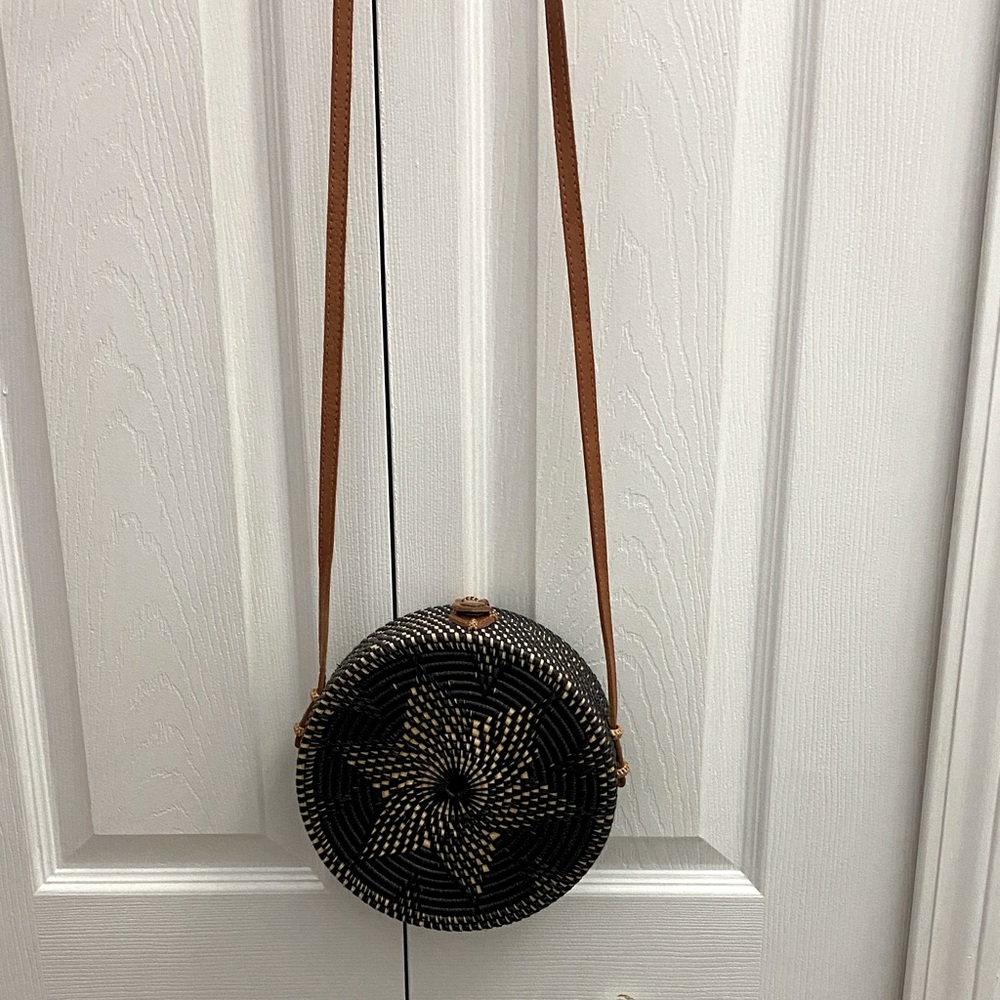 Black and Brown Woven Round Crossbody Bag